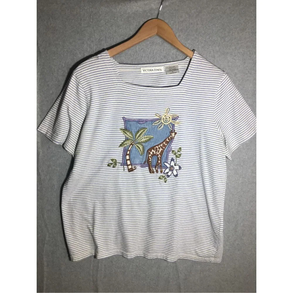 Womens Victoria Jones Shirt Square Neckline Giraffe Embroidery Vintage Striped